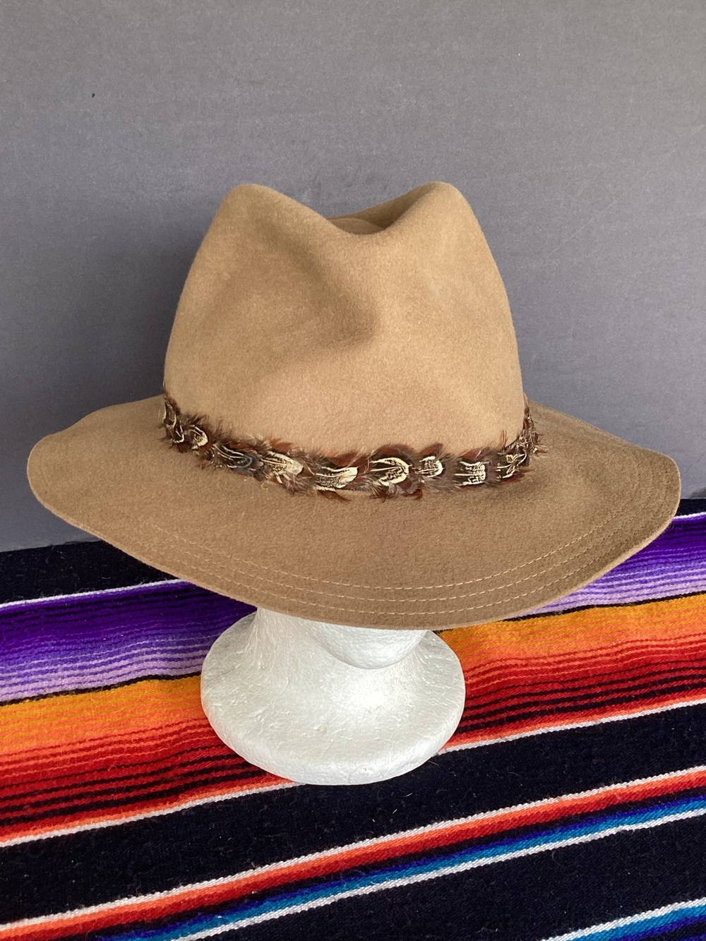 Olive and pique wool fedora brim hat 100% wool with feather band